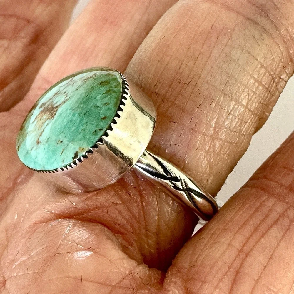 Navajo Horizontal Oval‎ Turquoise Ring Sz 6 Fannie Platero Sterling Native Amer